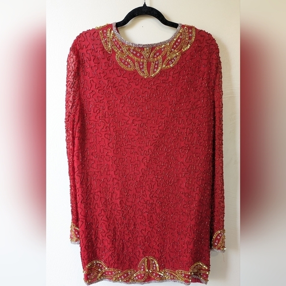 Vintage Milano 100% Silk Beaded 2pc set, Red and Gold Sequins, Stunning! XL - Picture 3 of 12